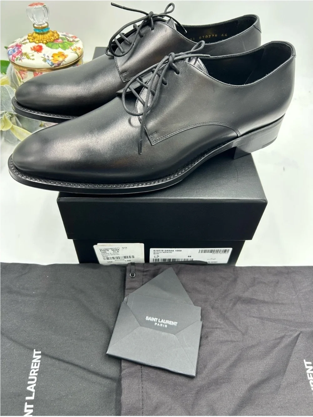 Men’s Saint Laurent ADRIEN Derby shoes in black glazed leather size 44 Italy